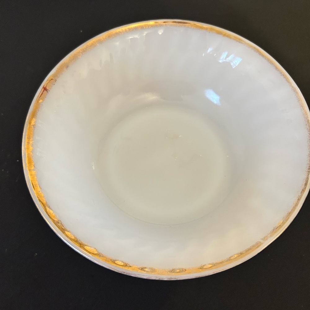 Vintage Fire King 8” White Milk Glass Bowl Golden Anniversary Pattern/22KT Gold